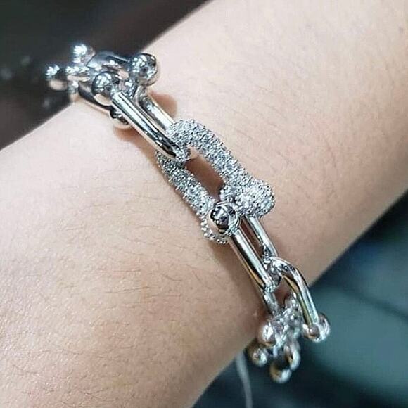 Sterling Silver U Link Zircon Bracelet Unisex Horse Shoe - Picture 5 of 6